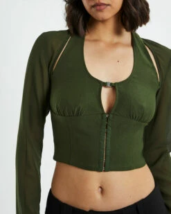 Kamali Hook Front Long Sleeve Halter Top Green -Insight Shop 6 38097