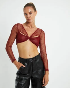 Emery Shimmer Mesh Long Sleeve Top Garnet Red -Insight Shop 6 46402