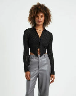 Aisha Textured Mesh Butterfly Hem Long Sleeve Shirt Black -Insight Shop 6 47780