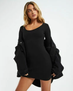 Open Neck Long Sleeve Dress Black -Insight Shop 6 53113