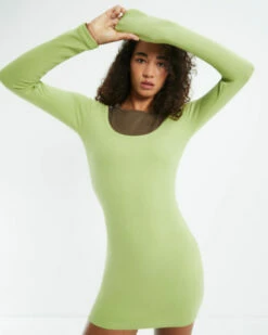 Open Neck Long Sleeve Dress Lime -Insight Shop 6 53119