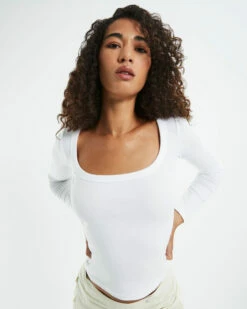 Open Neck Long Sleeve Top White -Insight Shop 6 54572