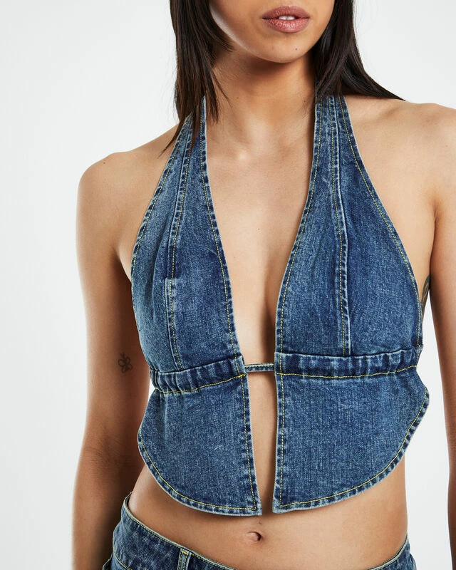 Trinity Butterfly Hem Denim Halter Top Blue 8 Trinity Butterfly Hem Denim Halter Top Blue - Image 6